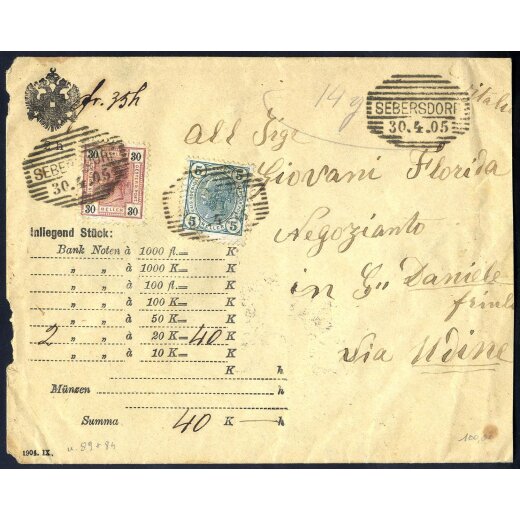 1905, Wertbrief von Sebersdorf am 30.4. nach S. Daniele (Italien) frankiert über 35 Heller durch ANK 72,77