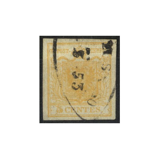 1850, 5 Cent. giallo arancio chiaro, cert. Goller (Sass. 1f)
