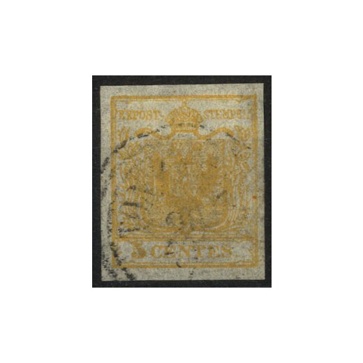 1850, 5 Cent. giallo arancio chiaro, carta seta, cert. Goller (Sass. 1f)