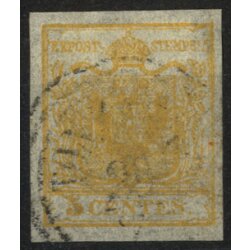 1850, 5 Cent. giallo arancio chiaro, carta seta, cert....