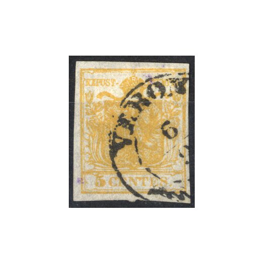 1850, 5 Cent. arancio, carta a seta,cert. Goller (Sass. 1h)