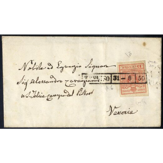 "TREVISO / 31 - 8 / 50", annullo R50 su 15 Cent. su lettera per Venezia, firm. E. Diena e Raybaudi (Sass. 3 - 6P.)