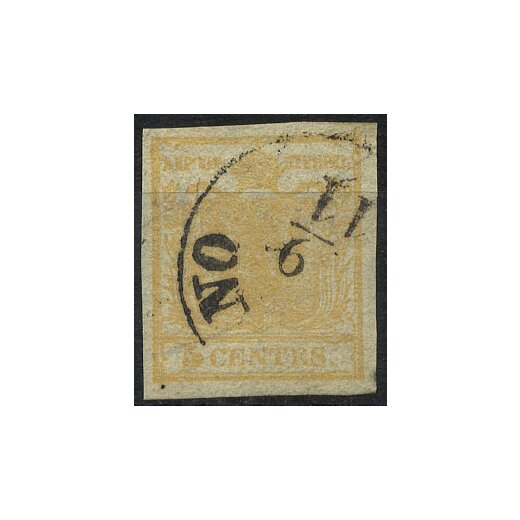 1850, 5 Cent. giallo ocra, filigrana, usato, cert. Goller (Sass. 1)