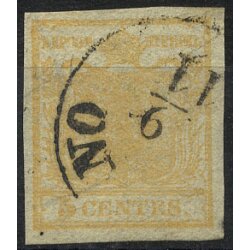 1850, 5 Cent. giallo ocra, filigrana, usato, cert. Goller...