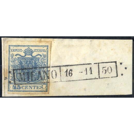1850, 45 Cent.azzurro, primo tipo, Voetter C238 con "5" alto (Sass. 10)