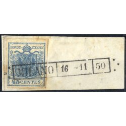 1850, 45 Cent.azzurro, primo tipo, Voetter C238 con...