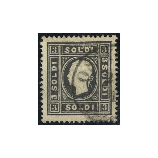 1858, 3 Soldi nero, primo tipo, usato, cert. Ferchenbauer (Sass. 24)
