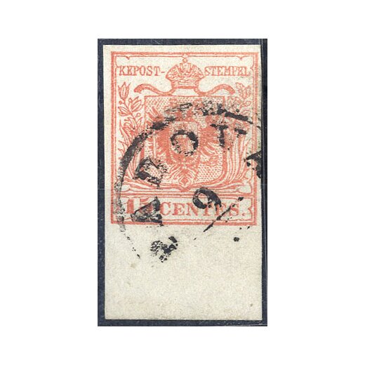 1854, 15 Cent. con ampio bordo di foglio in basso, cert. Babor (Sass. 20)