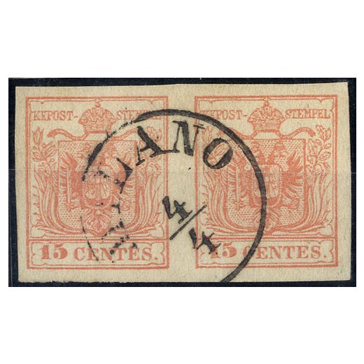 1854, 15 Cent. carta a macchina, coppia, cert. Babor (Sass. 20)