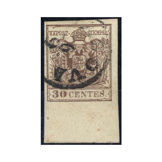 1850, 30 Cent. bruno, carta a macchina, ampio bordo di foglio in basso (Sass. 21)