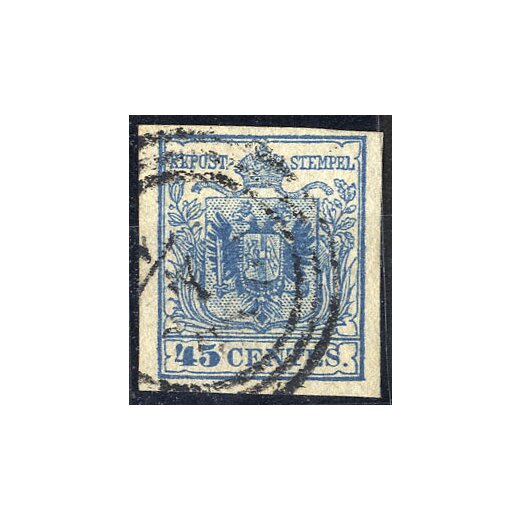1850, 45 Cent. azzurro vivo, terzo tipo, cert. Steiner (Sass. 12a)