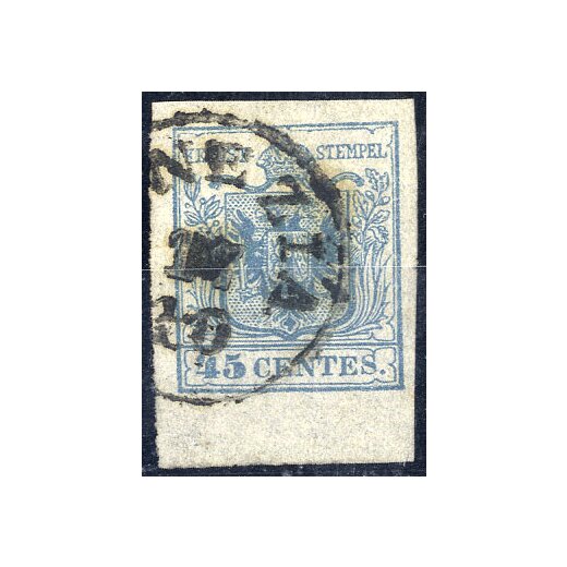 1850, 45 Cent. azzurro ardesia, bordo di foglio in basso, cert. Steiner (Sass. 11)