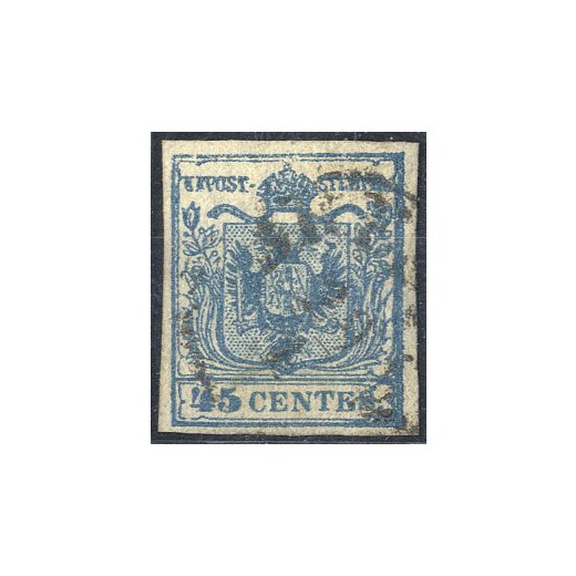 1850, 45 Cent. azzurro ardesia, Randdruck a destra e clich? molto usurato, cert. Babor (Sass. 11)