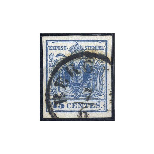 1850, 45 Cent. azzurro, terzo tipo, carta spessa 0,13 mm, cert. Steiner (Sass. 12)