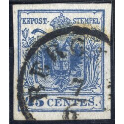1850, 45 Cent. azzurro, terzo tipo, carta spessa 0,13 mm,...