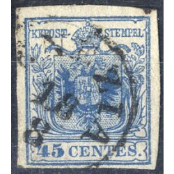 1850, 45 Cent. azzurro, terzo tipo, carta spessa 0,14 mm,...