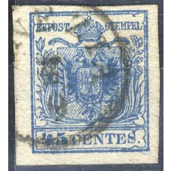 1850, 45 Cent. azzurro, terzo tipo, carta spessa 0,14 mm,...