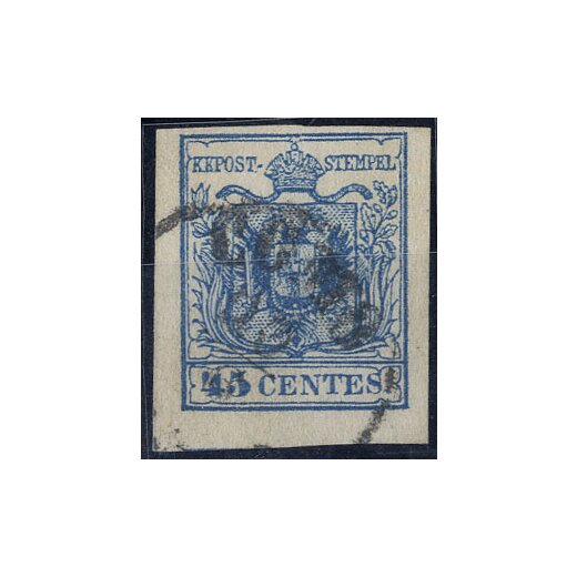 1854, 45 Cent. azzurro, carta a macchina, cert. Bazant (Sass. 22)