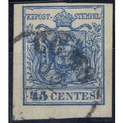 1854, 45 Cent. azzurro, carta a macchina, cert. Bazant...