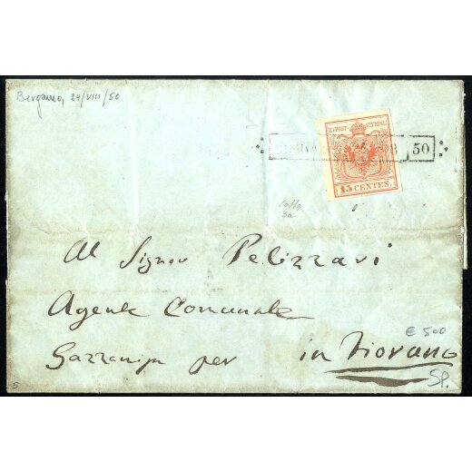 "BERGAMO / 4 - 8 / 50", annullo R50 su 15 Cent. rosso, prima tiratura, su lettera per Fiorano, firm. Colla (Sass. 3a - 5P.)