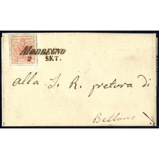 "MORBEGNO / 7 SET.", annullo SI Ig su 15 Cent. rosso su lettera per Belluno (Sass. 6 - 5P.)