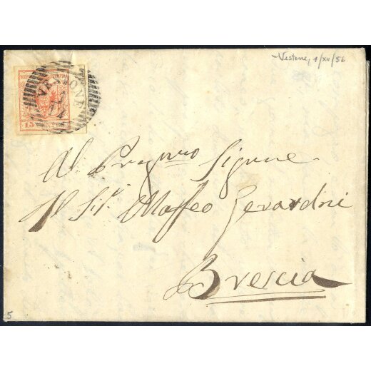 "VESTONE 1 / 12", annullo LO su 15 Cent., carta a macchina, su lettera per Brescia (Sass. 20 - 5P.)