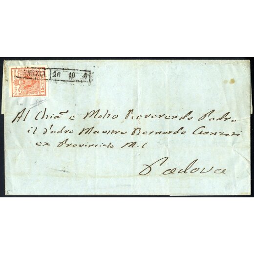 "VENEZIA / 16 - 10 / 50", annullo R50 su 15 Cent., primo tipo, su lettera per Padova, firm. Sorani (Sass. 3a - 5P.)