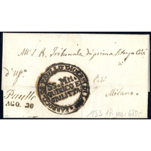 "Paullo / AGO. 20", annullo corsivo su lettera in franchigia del 20.8.1853 per Milano