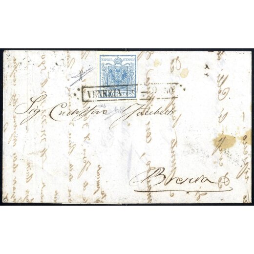 VENEZIA / 6 - 9 / 50, annullo R50 su 45 Cent, azzurro, primo tipo - prima tiratura, su lettera per Brescia (Sass. 10b - 5P)