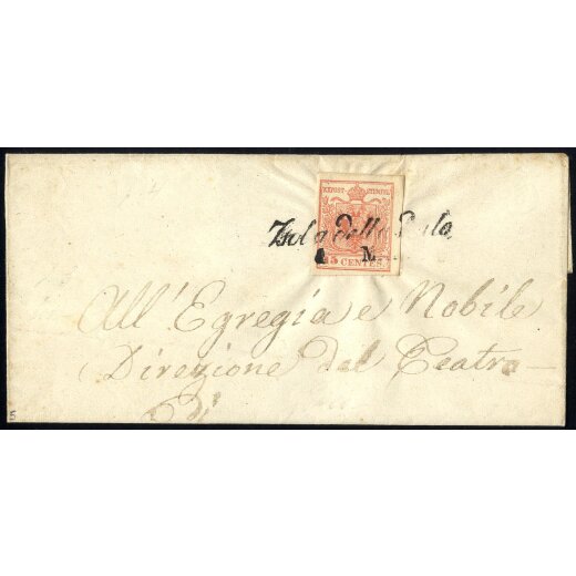 "Isola della Scala / 1 MAR.", annullo corsivo su 15 Cent. rosso su lettera (Sass. 5P.)
