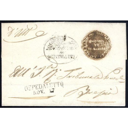 "OSPEDALETTO / NOV. 17" (1850), annullo SD su franchigia per Brescia, lusso