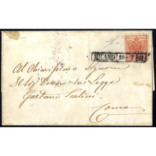 1851, "Carta costolata", 15 Cent. rosso vermiglio, primo tipo, su lettera da Milano, cert. Sorani (Sass. 14)
