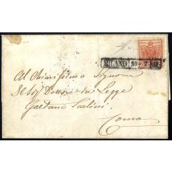 1851, "Carta costolata", 15 Cent. rosso...