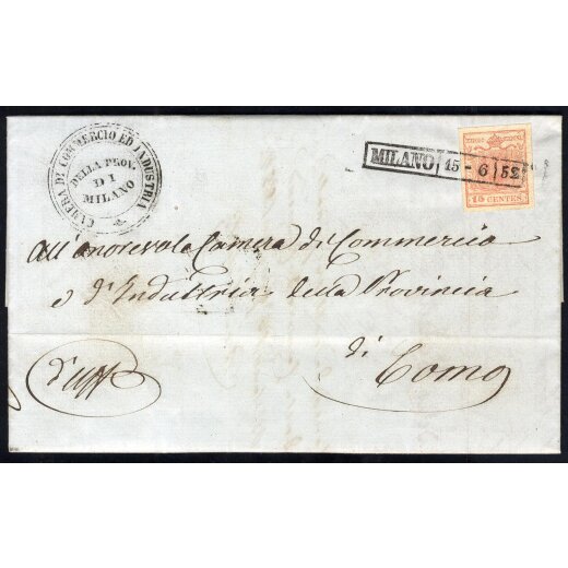 1850, Lettera da Milano 15.6.1852 per Como affrancata con 15 Cent. rosa (S. 5)
