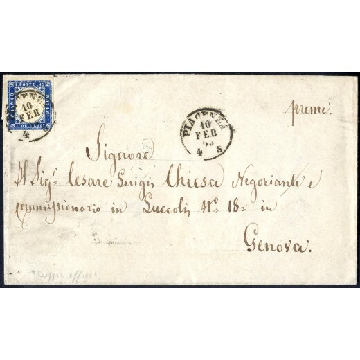 1863, "Doppia effigie", 15 Cent. tipo Sardegna su lettera da Piacenza 10.2.1863 per Genova (Sass. 11k / 300,-)