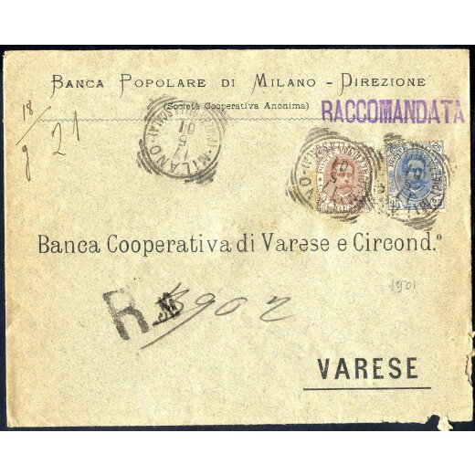 1901, Raccomandata da Milano 17.5.1901 per Varese affrancata con Sass. 45 + 62, annullo d arrivo