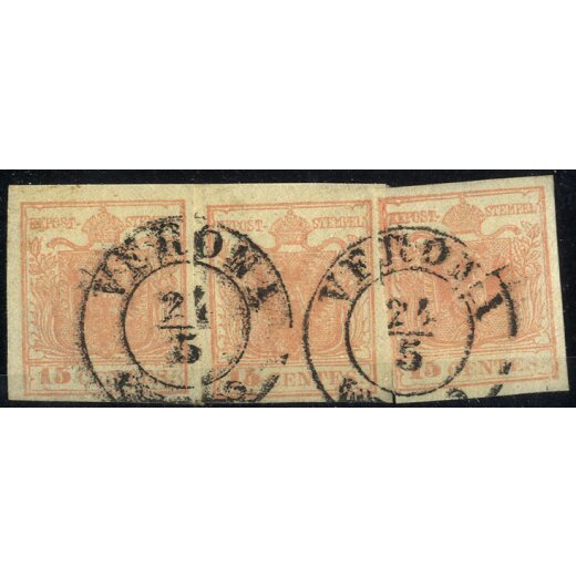 1850, 15 Cent. rosa, secondo tipo, frammento con tre esemplari di cui uno del primo e due del secondo tipo, splendido, cert. Strakosch (Sass. 5)