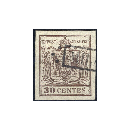 1850, 30 Cent. bruno, prima tiratura, cert. Strakosch (Sass. 7b)
