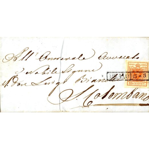 1850, 15 Cent. rosso su lettera da Milano (Sass. 3 - ANK 3HI)