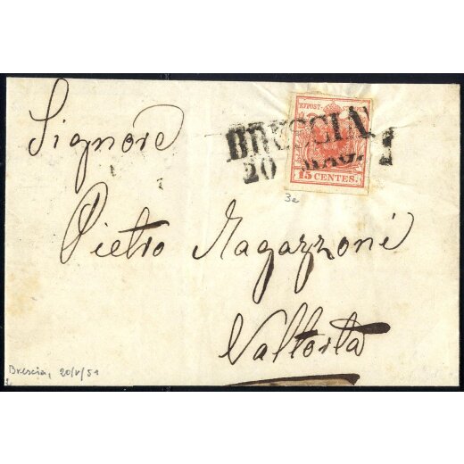 1850, 15 Cent. rosso vemiglio su lettera da Brescia (Sass. 3e - ANK 3HI)