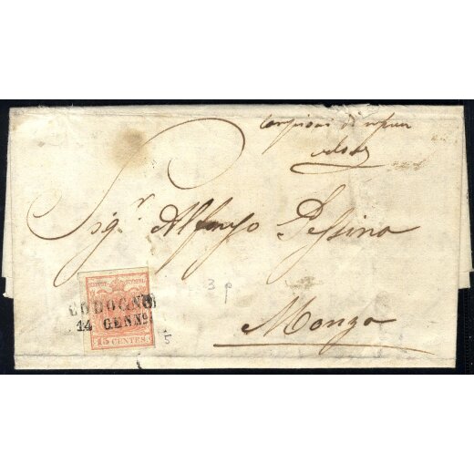 1850, 15 Cent., secondo tipo, su lettera da Codogno (Sass. 5 - ANK 3HIIb)