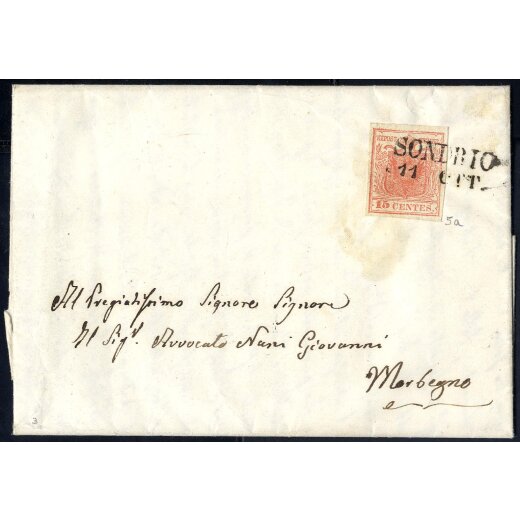 1850, 15 Cent., secondo tipo, su lettera da Sondrio (Sass. 5 - ANK 3HIIb)