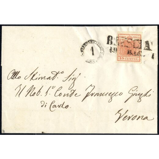 1850, 15 Cent., secondo tipo, su lettera da Brescia (Sass. 5 - ANK 3HIIb)