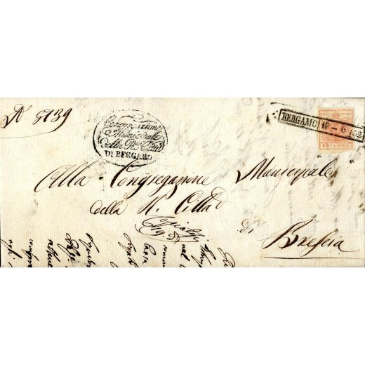 1850, 15 Cent., secondo tipo, su lettera da Bergamo (Sass. 5 - ANK 3HIIb)