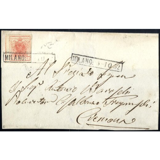 1850, 15 Cent. rosa, secondo tipo, con centro in risalto, firm. Raybaudi (Sass. 5 - ANK 3HIIb)