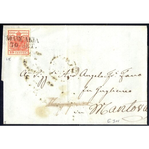 1850, 15 Cent. rosso carminio vivo, terzo tipo, su lettera da Marcaria (Sass. 6k - 5P.)
