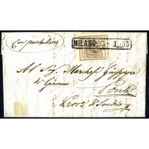 1850, 30 Cent. primo tipo, su lettera da Milano (Sass. 7 - ANK 4HI)