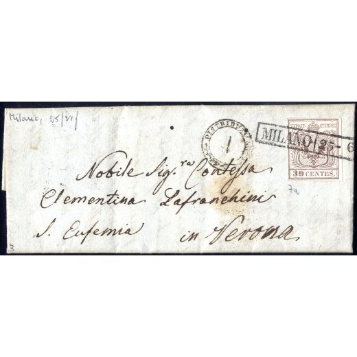 1850, 30 Cent. bruno chiaro, prima tiratura, su lettera da Milano (Sass. 7a - ANK 4HI Erstdruck)