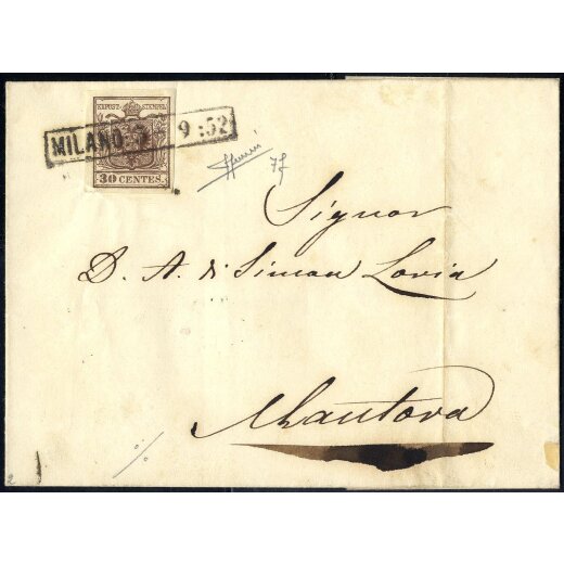 1850, 30 Cent. bruno rossastro, primo, su lettera da Milano, firm. Sorani (Sass. 7f - ANK 4HI)
