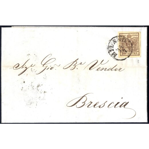 1850, 30 Cent. bruo scuro, secondo tipo, su lettera da Milano (Sass. 8 - ANK 4HIII)